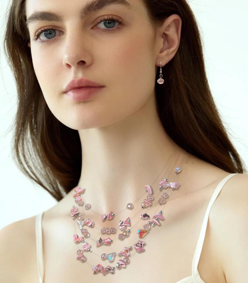 Errally Store Multi-Layer Boho Shell Beaded Necklace for Women Colorful Crystal Strand with Silver Beads Statement Collars Necklace and Earrings Costumes Jewelry Sets for Women - Image 3